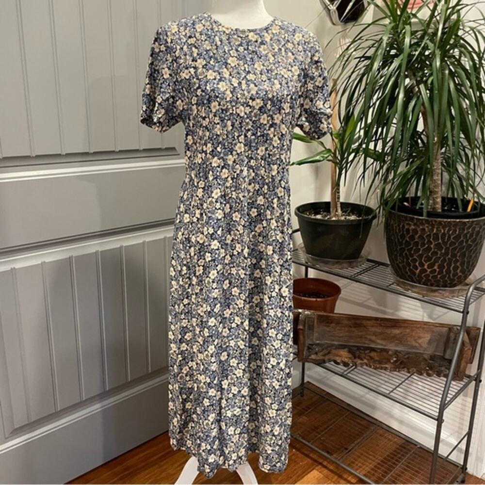 Vintage 90s Y2K Blue and Cream Botanical Floral Midi/Maxi Dress Size 12P Petite